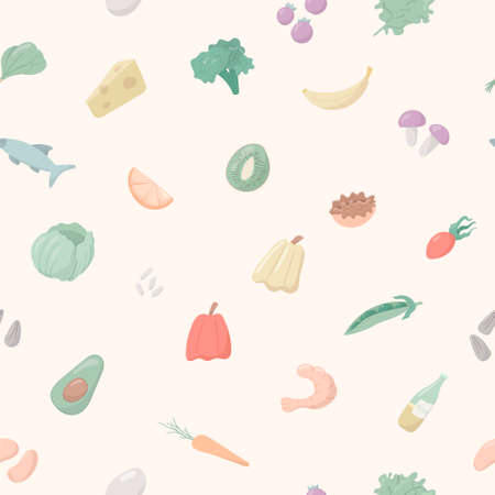 Vector illustration of a group of cartoon objects. Seamless pattern, healthy food with vitamins and minerals. Vegetables, fruits and cereals.のイラスト素材
