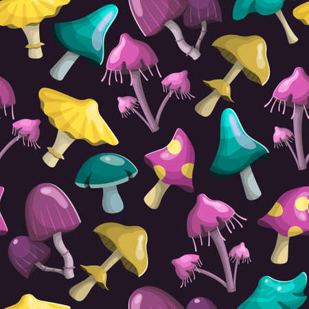 illustration seamless pattern. Magic fairy mushrooms of different shapes and colors. Background decoration.のイラスト素材
