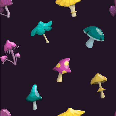 illustration seamless pattern. Magic fairy mushrooms of different shapes and colors. Background decoration.のイラスト素材