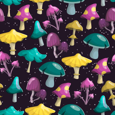 illustration seamless pattern. Magic fairy mushrooms of different shapes and colors. Background decoration.のイラスト素材