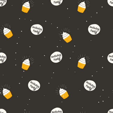 Vector illustration seamless pattern. Dark background, banner with the inscription birthday party and cupcakes. Background decoration.のイラスト素材