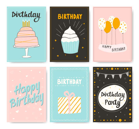 Vector illustration set of 6 cute birthday gift cards. Banners with the inscription Happy Birthday, Party, Sweets and Congratulations.の写真素材