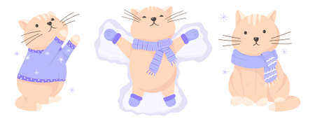 Vector illustration of cute cartoon cats. Winter, warm clothes, sweater, gloves and scarf. New Year and Christmas.のイラスト素材