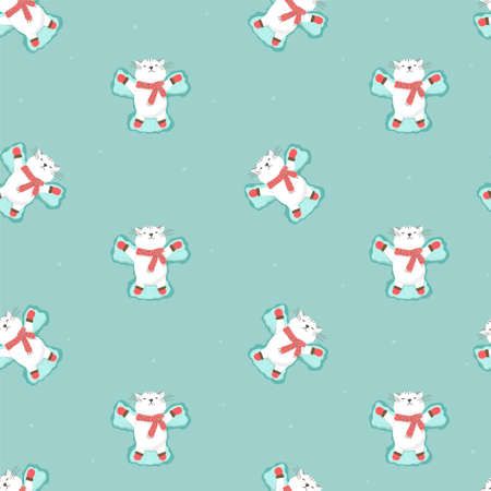 Vector illustration of seamless pattern with cute cartoon cats. Winter, warm clothes, sweater, gloves and scarf. New Year and Christmas.のイラスト素材