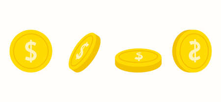 Cartoon gold coins from different sides with a dollar icon. Background on the theme of money.のイラスト素材