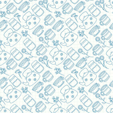 Vector illustration seamless pattern. Cute doodle tea and coffee cups, teapot and glass jar. Blue outline, background in the style of a checkered notebook sheet.のイラスト素材