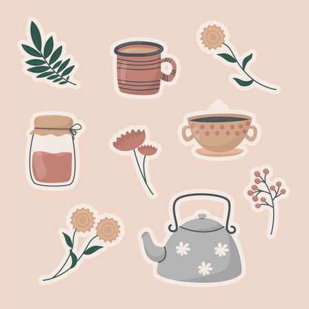 Vector illustration set of sticker icons. Cute doodle tea and coffee cups, teapot and glass jar, twigs with leaves and flowers. Background decoration.のイラスト素材