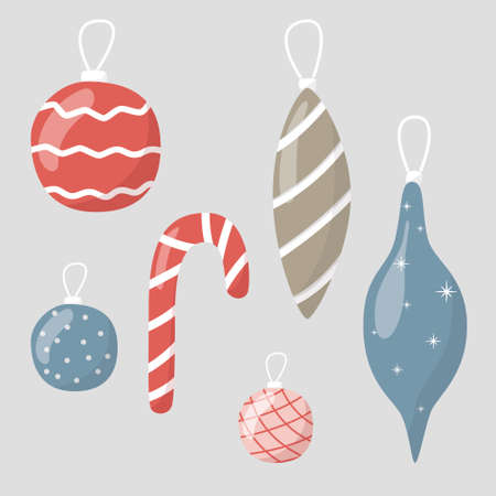 Set of cartoon icons. Christmas glass toys. Decorations for the new year and christmas.のイラスト素材