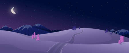 Cartoon panoramic view of winter night nature in black and violet colors. Mountains with snow-capped peaks, trees, firs, hills in the snow. A path leading off into the distance, Christmas and moon.のイラスト素材