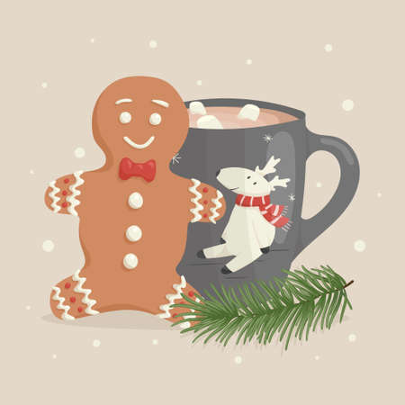 Vector Christmas cartoon illustration. Gingerbread man, decorated mug of tea or coffee with a...