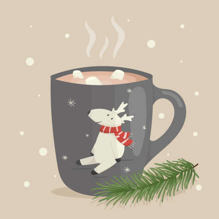 Vector Christmas cartoon illustration. A painted mug of tea, coffee or cocoa with the image of a cute deer. Sprig of spruce or pine. Decoration for the new year.のイラスト素材