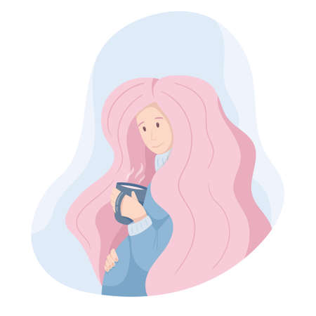 Vector cute doodle illustration. Pregnant young woman in gentle blue and pink colors, winter atmosphere, christmas. Comfort, a mug of hot coffee or tea.のイラスト素材