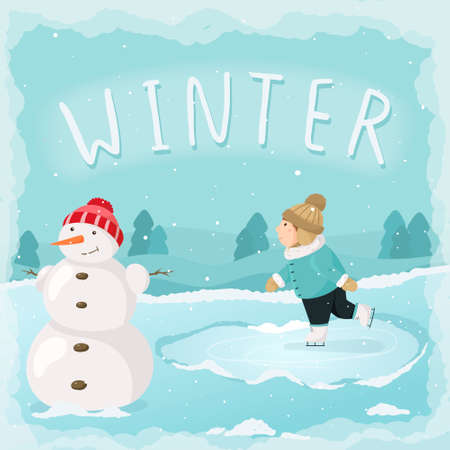 Vector cartoon winter illustration. Winter, drifts, snowfall. The boy is skating, there is a snowman. Winter fun on New Years Eve or Christmas Eve. Banner with the inscription winter.のイラスト素材