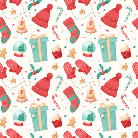 Seamless pattern of Christmas isolated icons on a white background. Winter holiday symbols. Illustration for wrapping paper, decorations, textile.の写真素材