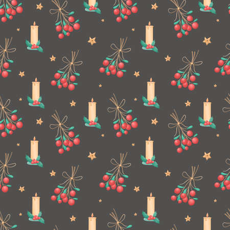 Seamless pattern of Christmas isolated icons on a black background. Winter holiday symbols. Illustration for wrapping paper, decorations, textile.のイラスト素材