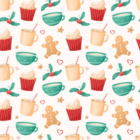 Seamless pattern of Christmas isolated icons on a white background. Winter holiday symbols. Cups and mugs with hot cocoa or coffee and delicious gingerbread cookies. New year background decoration.のイラスト素材