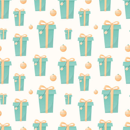 Seamless pattern of Christmas isolated icons on a white background. Winter holiday symbols. Bright gift boxes with bows and Christmas balls.のイラスト素材