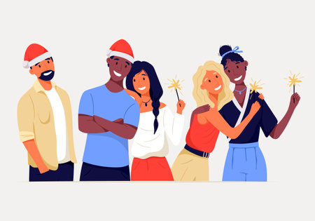 Group of happy standing isolated people. Cheerful friends celebrate Christmas or New Year with a company. Sparklers in hands and a Santa hat. Lesbian, African American and European couple.のイラスト素材