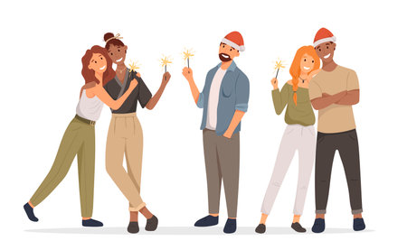 Group of happy standing isolated people. Cheerful friends celebrate Christmas or New Year with a company. Sparklers in hands and a Santa hat. Lesbian, African American and European couple.のイラスト素材