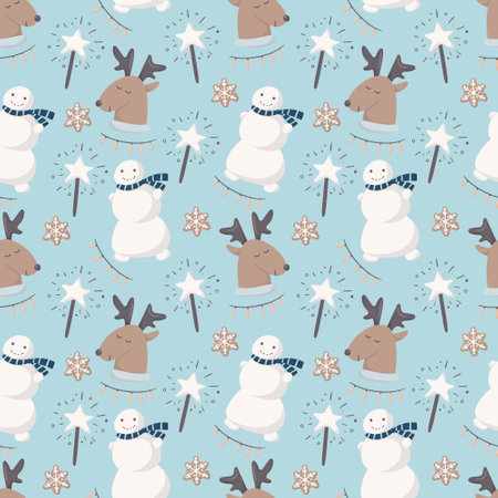 Vector seamless pattern. Winter childrens theme, funny cartoon snowmen and deer. Decorated with...