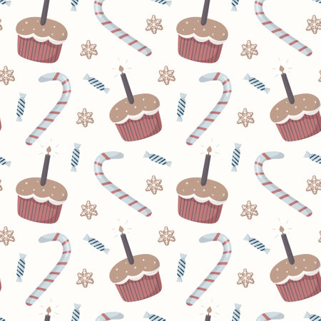 Vector seamless pattern. Winter kids theme, sweets, funny cartoon cupcakes with candles, candy canes and wrapped candies. The background is suitable for decoration and wrapping paper.のイラスト素材