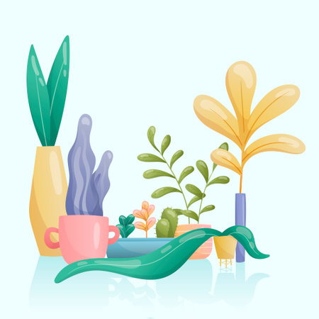 A set of vector images of home plants in pots and vases of various unusual shapes and bright colors. Large and small leaves painted in gradient, cacti.のイラスト素材
