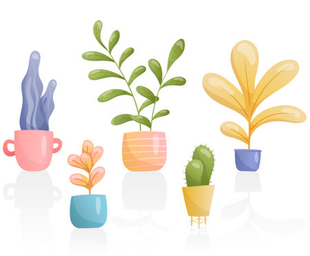 A set of vector images of home plants in pots of various unusual shapes and bright colors with reflection. Large and small leaves painted in gradient, cacti.のイラスト素材