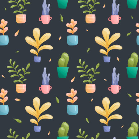 Seamless vector pattern of images of domestic fairy fantastic plants in pots and vases of various unusual shapes and bright colors with reflection. Large and small leaves painted in gradient, cacti.のイラスト素材