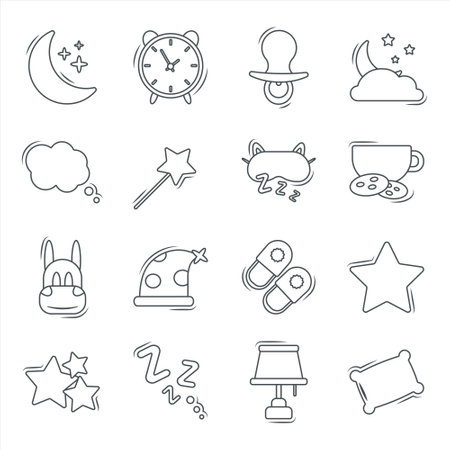 Set of modern outline vector flat baby icons on the topic of sleep time. Cute decorations for baby items and room. Image of the moon and stars, pillow, dreams. All pictures are isolated.のイラスト素材