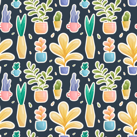 Seamless vector pattern of stickers of domestic fairy fantastic plants in pots and vases of various unusual shapes and bright colors with reflection. Large and small leaves painted in gradient, cacti.のイラスト素材
