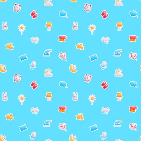 Vector pattern of cute bright stickers. Sleep time theme icons. Cute decorations for baby items, wrapping paper and room. Image of the moon and stars, alarm clock, pillow, dreams.のイラスト素材