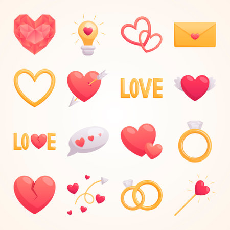 Vector set of cartoon volumetric icons for valentines day. Isolated hearts of different shapes and sizes, love arrow, falling in love, wedding ring and broken heart. Stickers for decoration.のイラスト素材