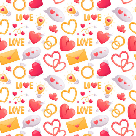 Vector seamless pattern of cartoon volumetric icons for valentines day in bright pink and gold colors. Isolated heart with wings, falling in love, lettering. Stickers for decoration.のイラスト素材