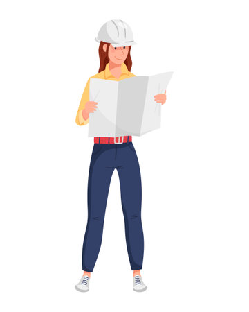 Vector illustration of a woman engineer in a protective helmet stands full-length and holds a map or architectural project of work. A cartoon drawing of a construction expert.のイラスト素材