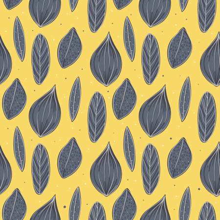 Vector modern seamless pattern. Doodle images and flat icons with twigs, leaves. Wrapping paper and yellow background decoration.のイラスト素材