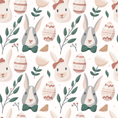 Vector cartoon festive easter pattern. Cute images of rabbits or hares and painted eggs, twigs with spring leaves and flowers on the stems. Background or wrapping paper decoration.のイラスト素材