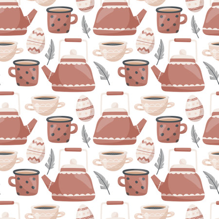 Vector seamless Easter pattern. Cute doodle icons teapot and mugs with tea or coffee, painted eggs and feathers. Background decoration in cozy warm colors.のイラスト素材