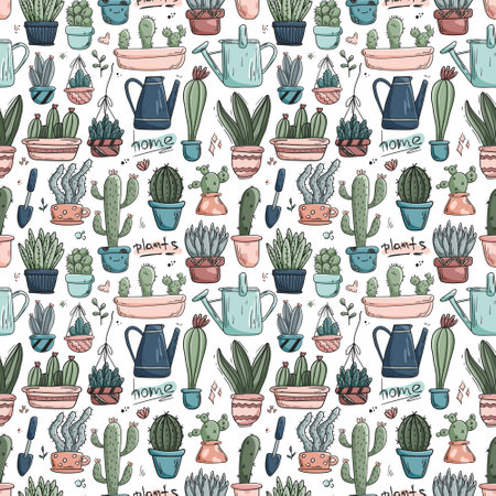 Seamless pattern with vector doodle icons of home plants in pots. Cute pastel colored lined cacti and succulents in different shapes and sizes. Stickers on the theme of gardening and home comfort.のイラスト素材