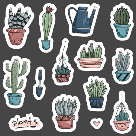 Set of vector doodle stickers of home plants in pots. Cute pastel colored lined cacti and succulents in different shapes and sizes. Stickers on the theme of gardening and home comfort.のイラスト素材