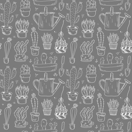 Seamless pattern with vector doodle icons of home plants in pots. Lined cacti and succulents in different shapes and sizes. Stickers on the theme of gardening and home comfort.のイラスト素材