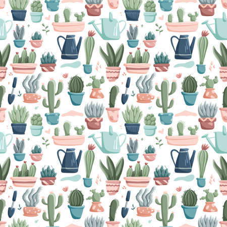 Seamless pattern with vector doodle icons of home plants in pots. Cute pastel colored lined cacti and succulents in different shapes and sizes. Stickers on the theme of gardening and home comfort.のイラスト素材