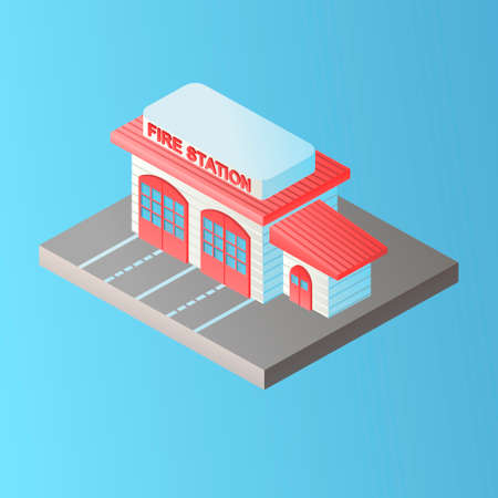 Vector isolated image in isometric style. Volumetric fire station building, architecture and the concept of a modern city. Design decorative elements on the theme of modern life.のイラスト素材