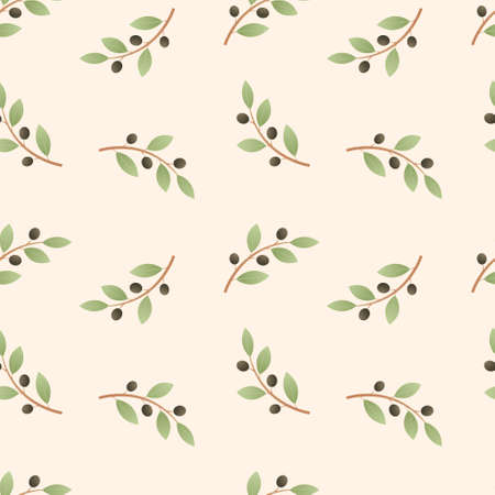 Vector seamless pattern. Simple branches or twigs from an olive tree, leaves and fruits of olives. Decoration for background or wrapping paper.のイラスト素材