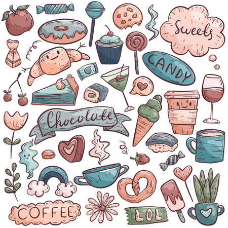 Set of vector doodle images. Cute funny icons on the theme of food and drink, sweets and yummy. Funny lined isolated pictures or stickers on a white background.のイラスト素材