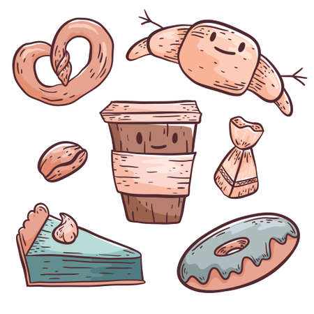 Cute vector doodle illustration. Isolated objects on a white background. Coffee in a plastic cup and pastries, donut, croissant, pretzel, slice of cake and candy.のイラスト素材
