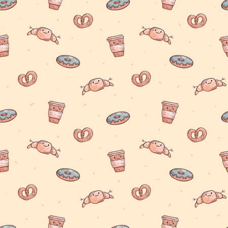 vector doodle seamless pattern. Isolated objects on a warm background. Coffee in a plastic cup and pastries, donut, croissant, pretzel. Design elementsのイラスト素材