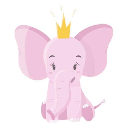 Vector isolated illustration on white background. Cute pink baby elephant with crown. Cartoon animal to decorate children items and background.のイラスト素材
