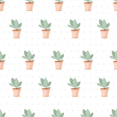 Vector seamless pattern. Home plants, ficuses in pots. Background or wrapping paper decoration.のイラスト素材