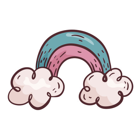 Vector cartoon illustration. Children rainbow with clouds in doodle style isolated on white background. Design element.のイラスト素材