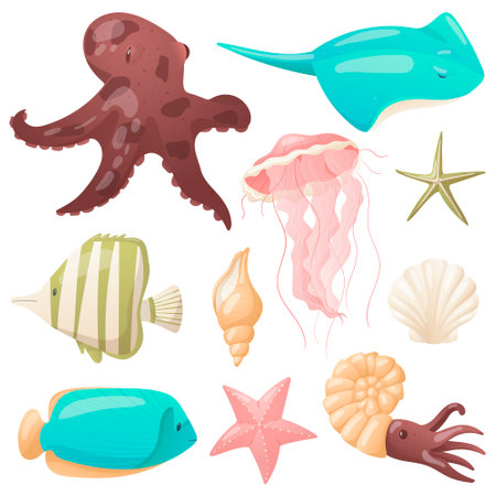 Set of vector isolated elements on a white background. Collection of marine life and colorful fish and shells. Design elements or decorations in bright and pleasant colors.のイラスト素材